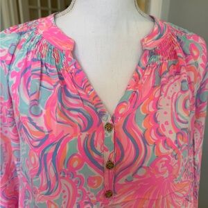 Lilly Pulitzer Vibrant Pink and Blue Button-Up Silk Blouse Size Small